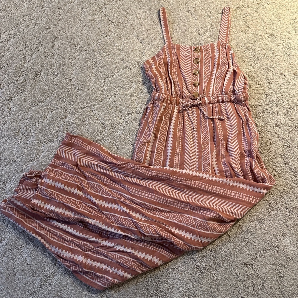 Derek Heart Boho Button-Front Wide-Leg Jumpsuit — Rust Aztec Print, Womens Small